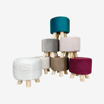 27cm High Circular Footstool - Waterproof Suede Pouf, Wooden Feet